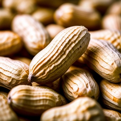 A close-up photograph showcasing a bunch of massive groundnuts. Show the texture of the nuts, with details like their rough exterior and smooth finish. Use warm tones, with an emphasis on the browns and yellows of the groundnuts.without using pictures of human in the background